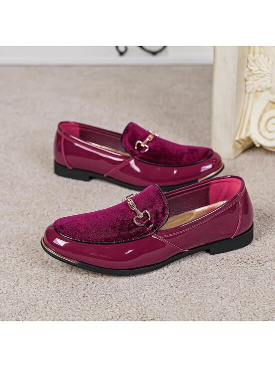 Men\'s Red Rubber Velvet Patent Leather Loafers Gold Buckle Slip On Luxury Shoes main image 5